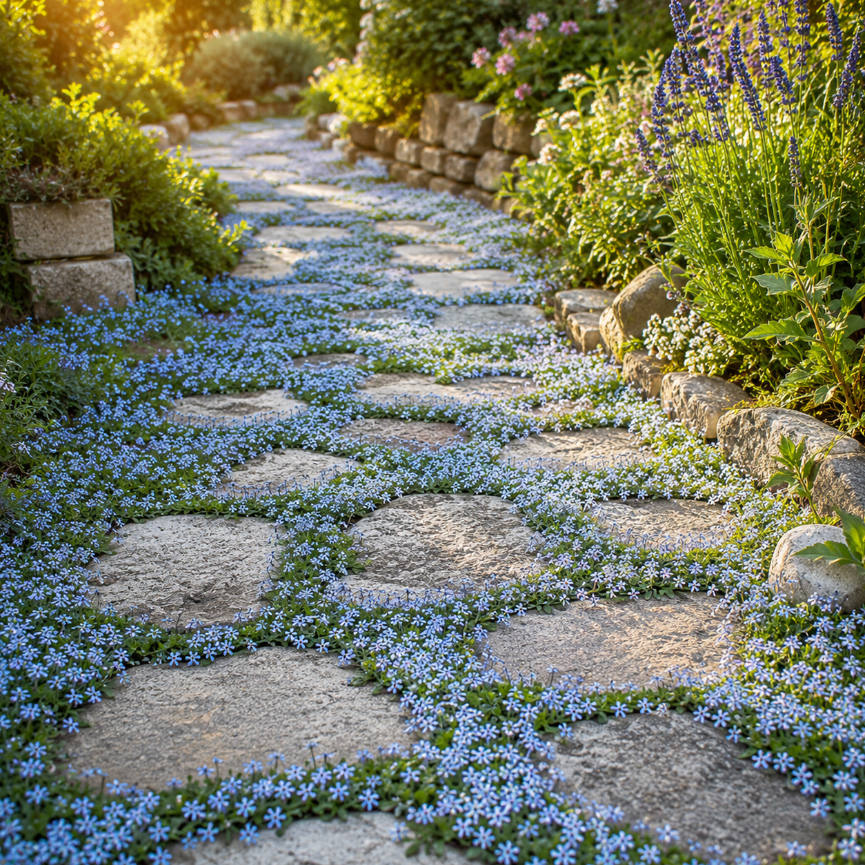 Isotoma fluviatilis säumt einen gepflasterten Gartenweg im Abendlicht
