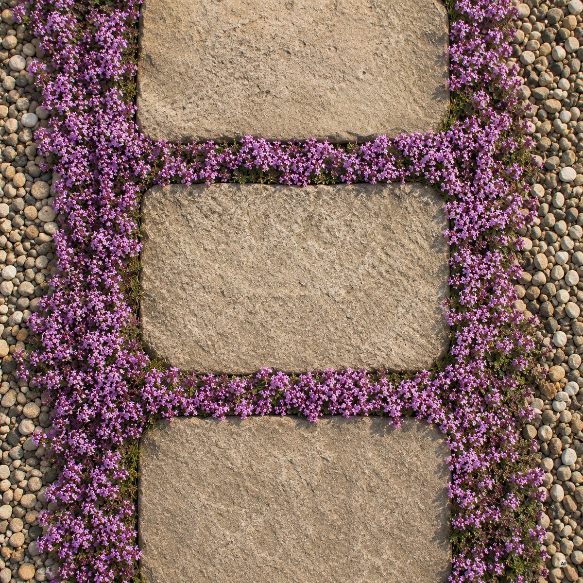 Natursteinplatten mit blühendem Polsterthymian in den Fugen