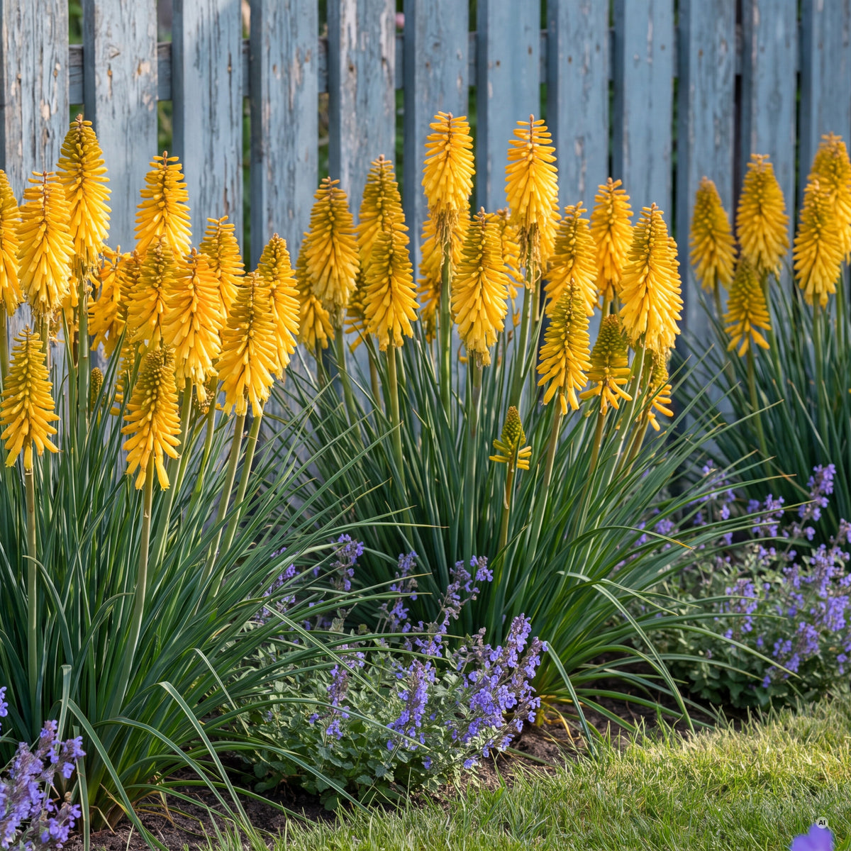Kniphofia 'Banana Popsicle' – blühende Horste mit warmgelben Blütenkerzen vor einem taubenblauen Holzzaun
