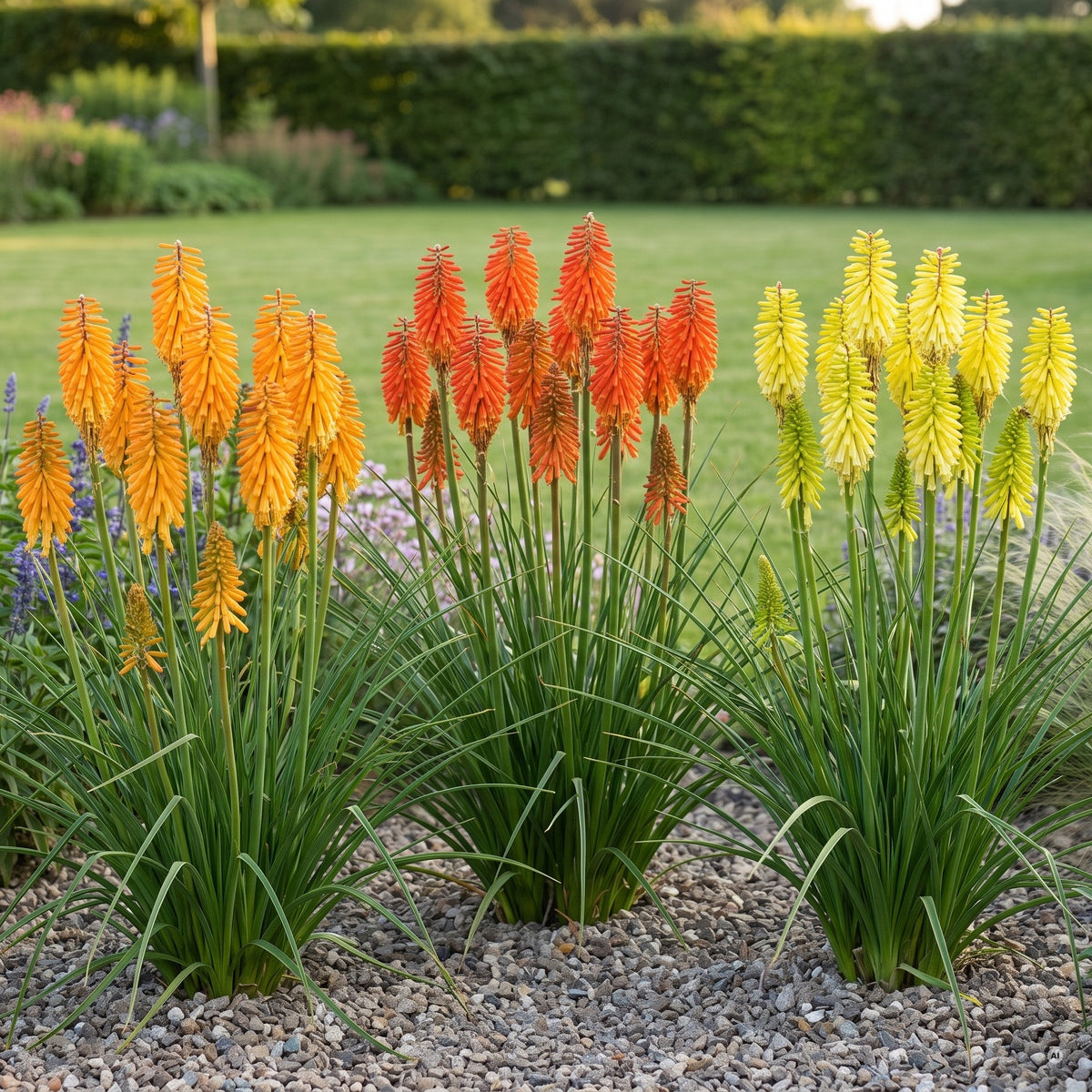 Je ein Horst Kniphofia in Mango-Orange, Orangerot und Zitronengelb nebeneinander im sonnigen Beet