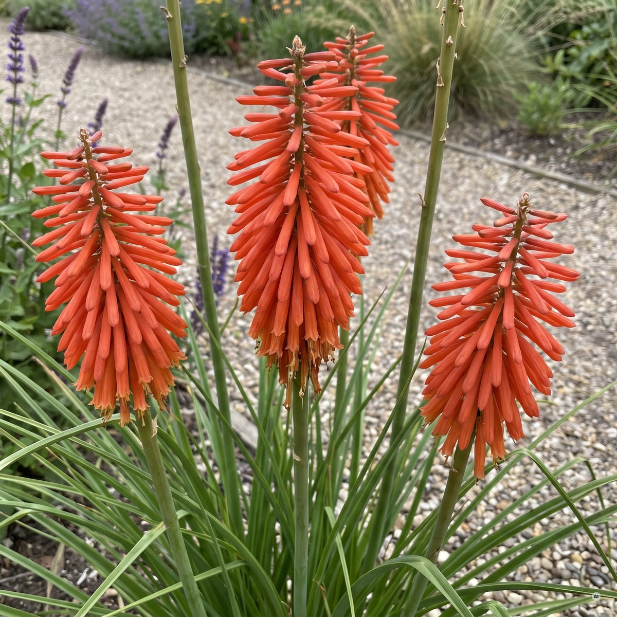 Blütenkerzen von Kniphofia 'Redhot Popsicle' in kräftigem Feuerrot im Kiesbeet