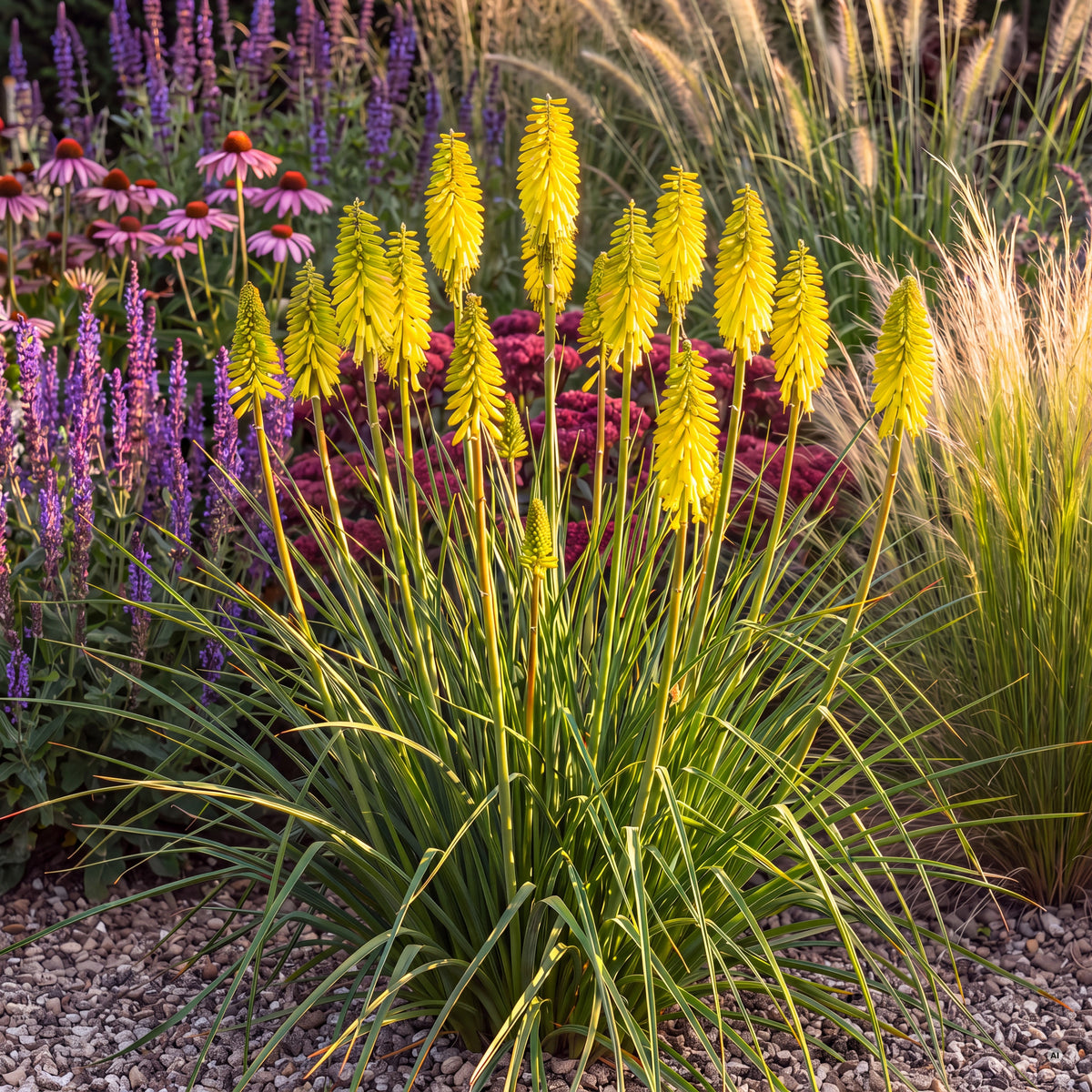 Kniphofia 'Lemon Popsicle' – blühender Horst mit zitronengelben Blütenkerzen im Staudenbeet