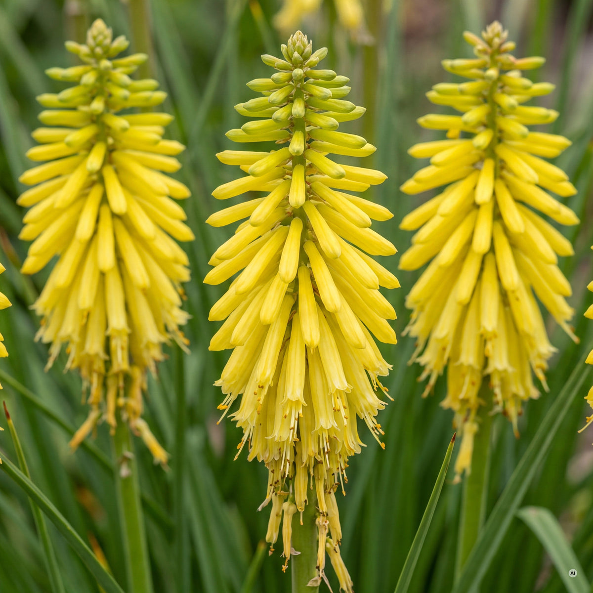 Blütenkerzen der Kniphofia 'Lemon Popsicle' aus der Nähe – klares Zitronengelb