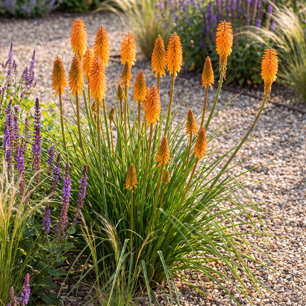 Kniphofia 'Mango Popsicle' – blühender Horst mit mango-orangen Blütenkerzen im Staudenbeet