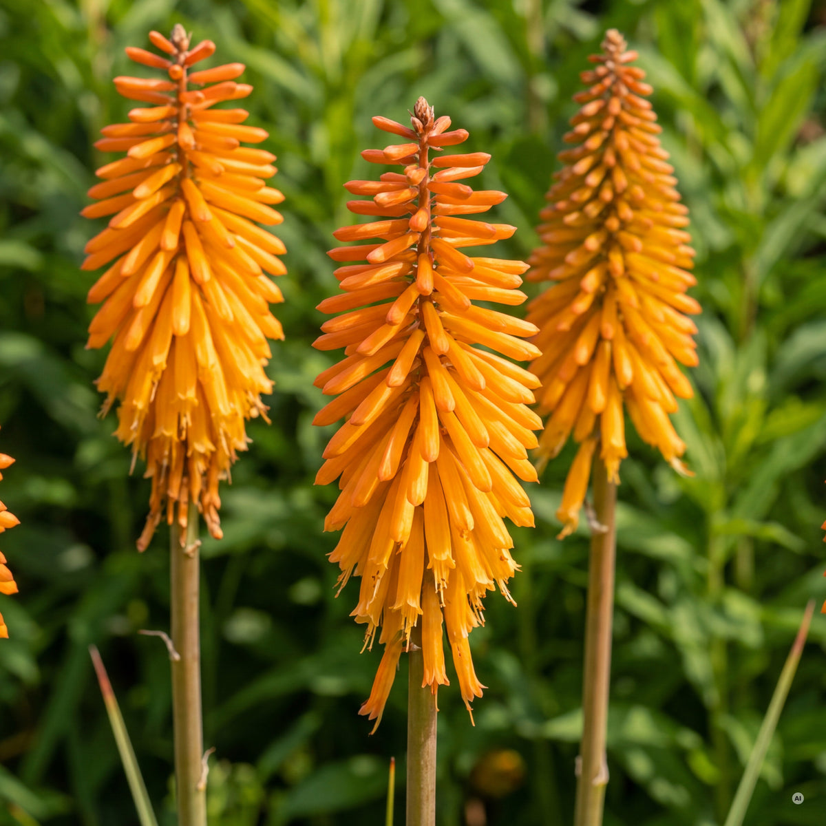 Blütenkerzen der Kniphofia 'Mango Popsicle' aus der Nähe – warmes Mango- bis Goldorange