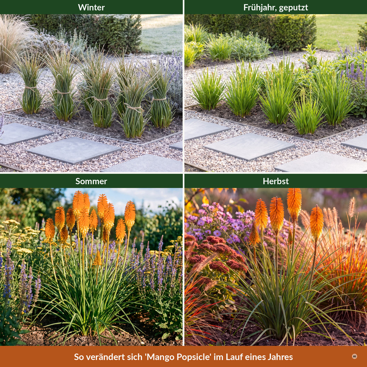 Kniphofia 'Mango Popsicle' im Jahreslauf – Winter, Frühjahr, Sommer, Herbst
