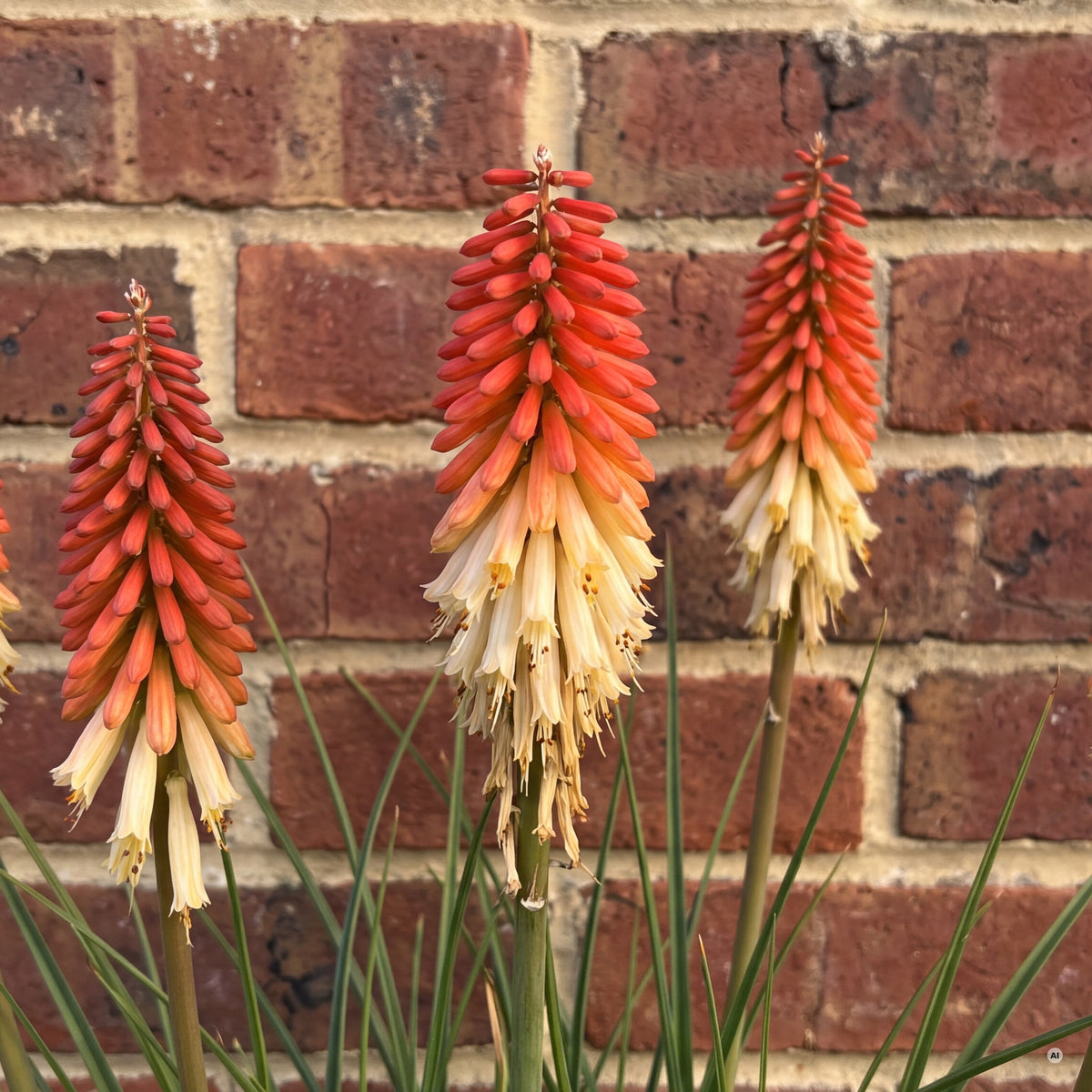 Blütenkerzen der Kniphofia 'Orange Vanilla Popsicle' aus der Nähe – Knospen korallenrot, geöffnete Blüten cremeweiß