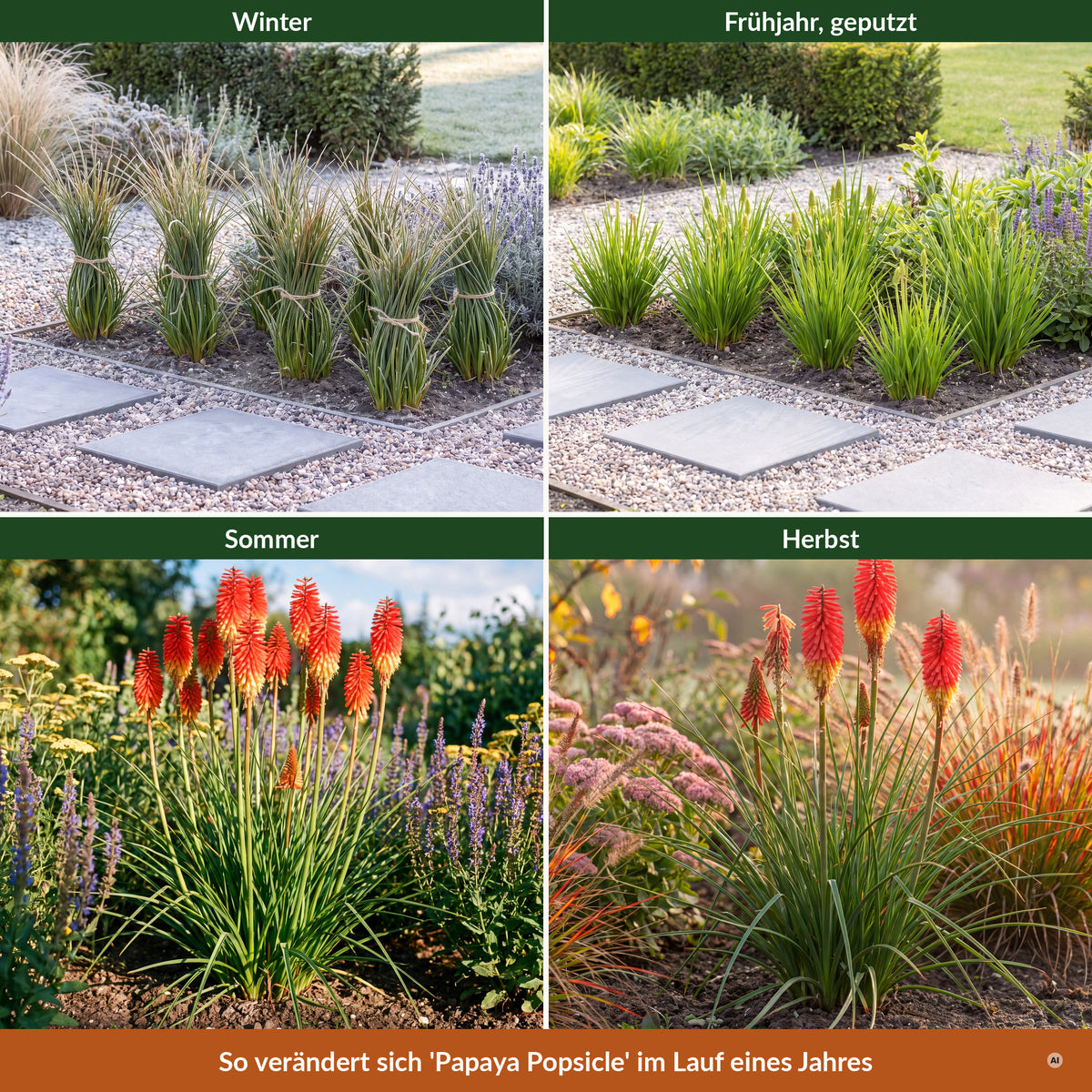 Kniphofia 'Papaya Popsicle' im Jahreslauf – Winter, Frühjahr, Sommer, Herbst