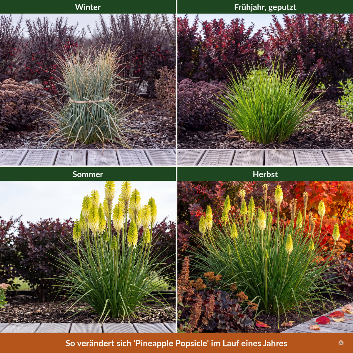 Kniphofia 'Pineapple Popsicle' im Jahreslauf – Winter, Frühjahr, Sommer, Herbst