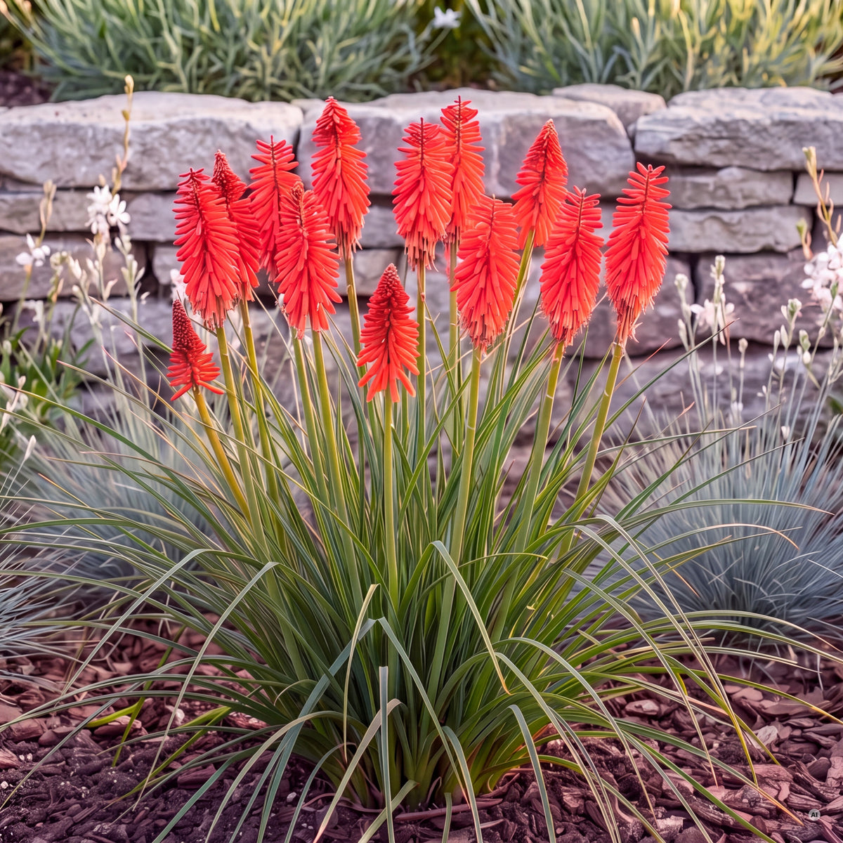 Kniphofia 'Redhot Popsicle' – blühender Horst mit feuerroten Blütenkerzen vor einer Natursteinmauer