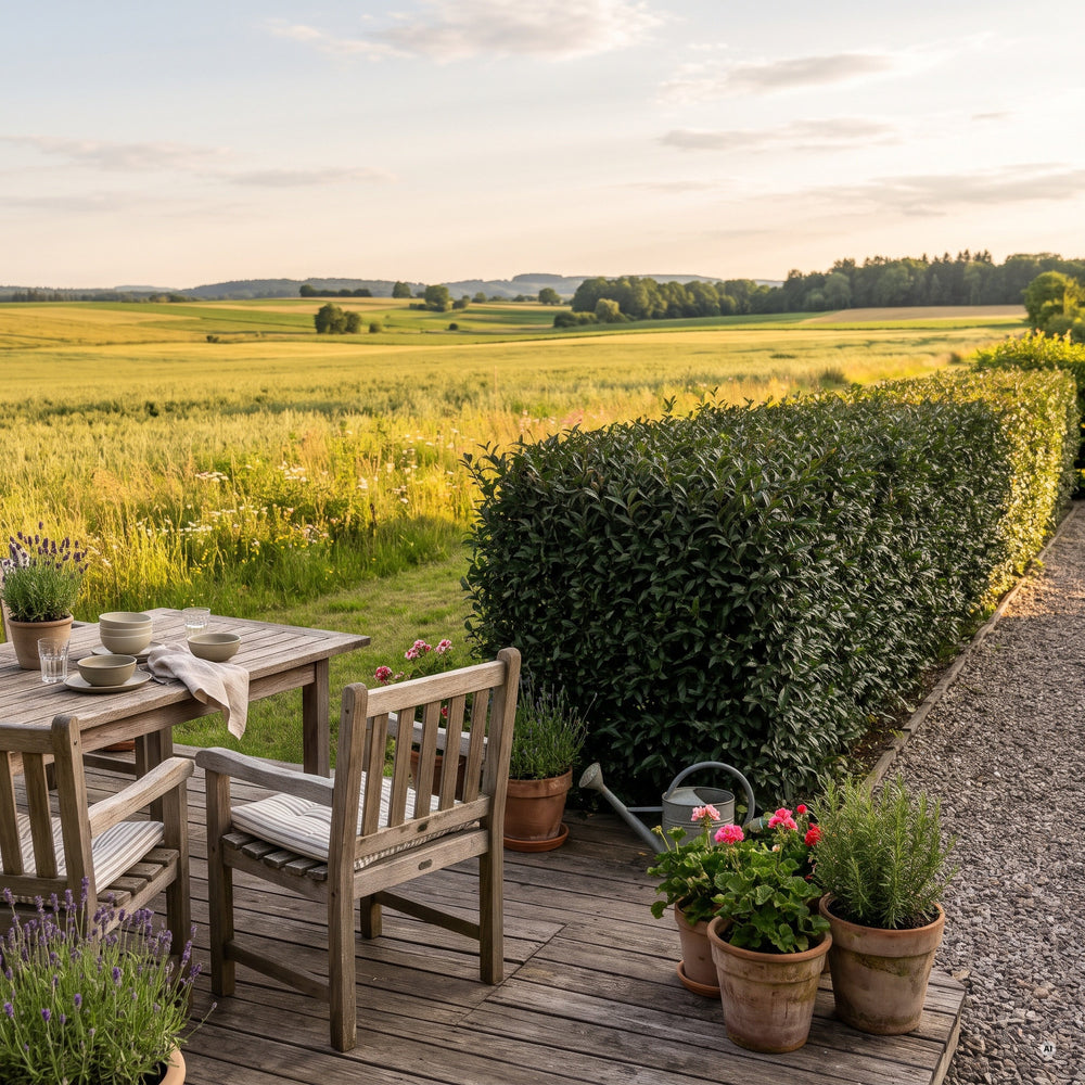 Etwa 1,8 m hohe Hecke aus Schwarzgrünem Liguster als Windschutz an einer Holzterrasse am Feldrand
