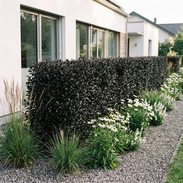 Streng geschnittene, sehr dunkle Hecke aus Schwarzgrünem Liguster vor einem weißen modernen Haus mit hellen Gräsern