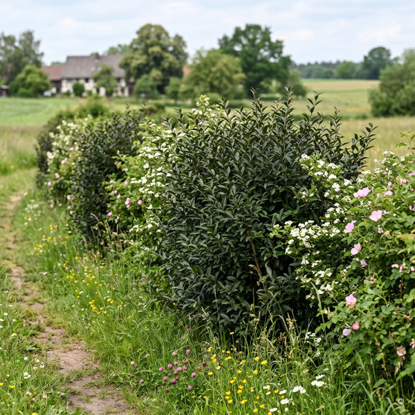 Frei wachsende Hecke aus Schwarzgrünem Liguster mit Weißdorn und Wildrosen am Rand einer Wiese