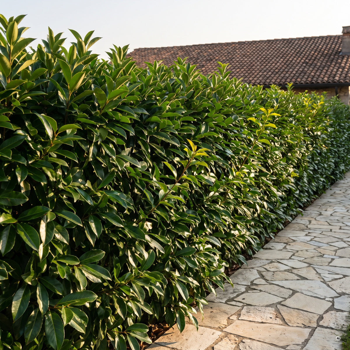 Geschnittene, etwa 2 m hohe Hecke aus Glänzendem Liguster mit großen, glänzenden Blättern an einem Natursteinweg