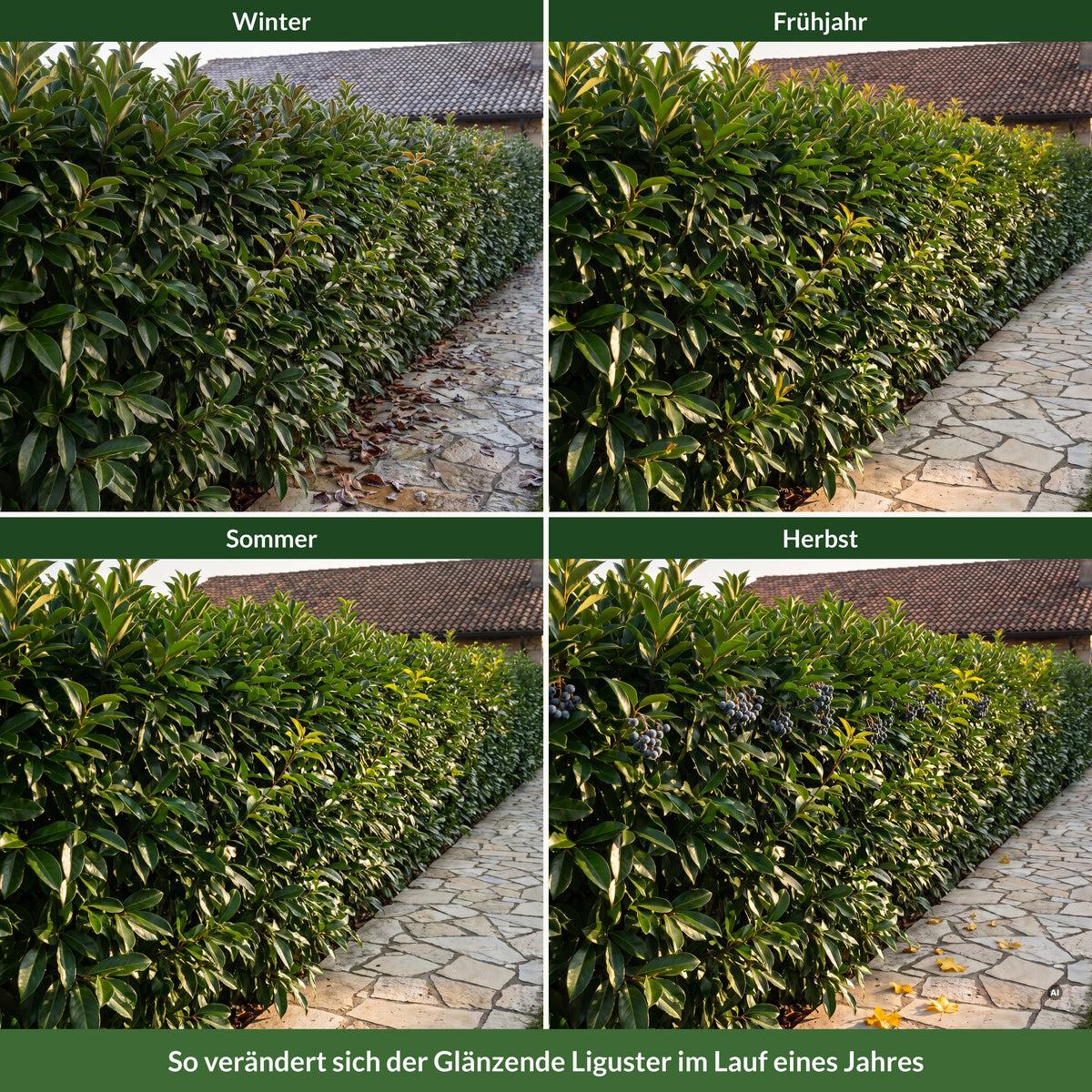 Dieselbe Hecke aus Glänzendem Liguster im Winter, Frühjahr, Sommer und Herbst – immergrün, nach Frost einzelne braune Blattränder