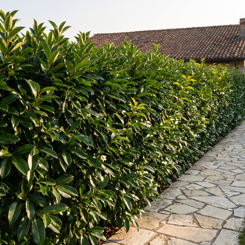 Geschnittene, etwa 2 m hohe Hecke aus Glänzendem Liguster mit großen, glänzenden Blättern an einem Natursteinweg