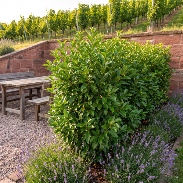 Hecke aus Glänzendem Liguster an einer Kiesterrasse vor einer Sandsteinmauer mit Weinberg
