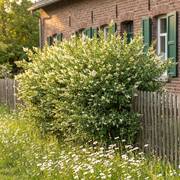 Frei wachsende, blühende Hecke aus Buschigem Liguster vor einem Backstein-Landhaus mit Blumenwiese