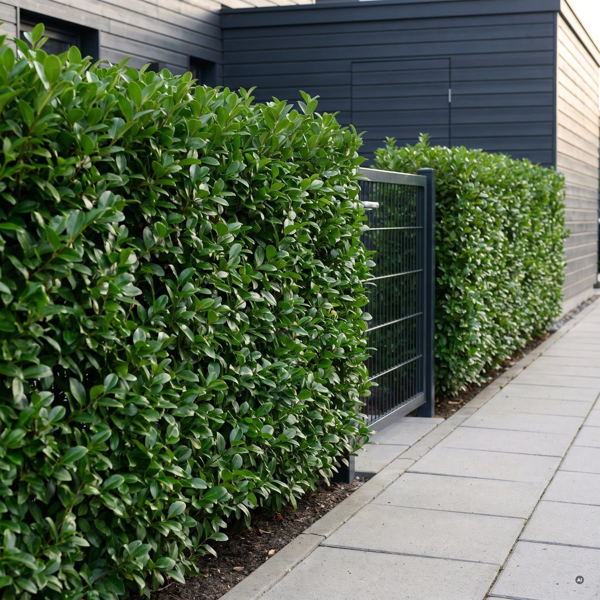 Geschnittene Ligusterhecke als Sichtschutz an einem Reihenhaus mit Plattenweg