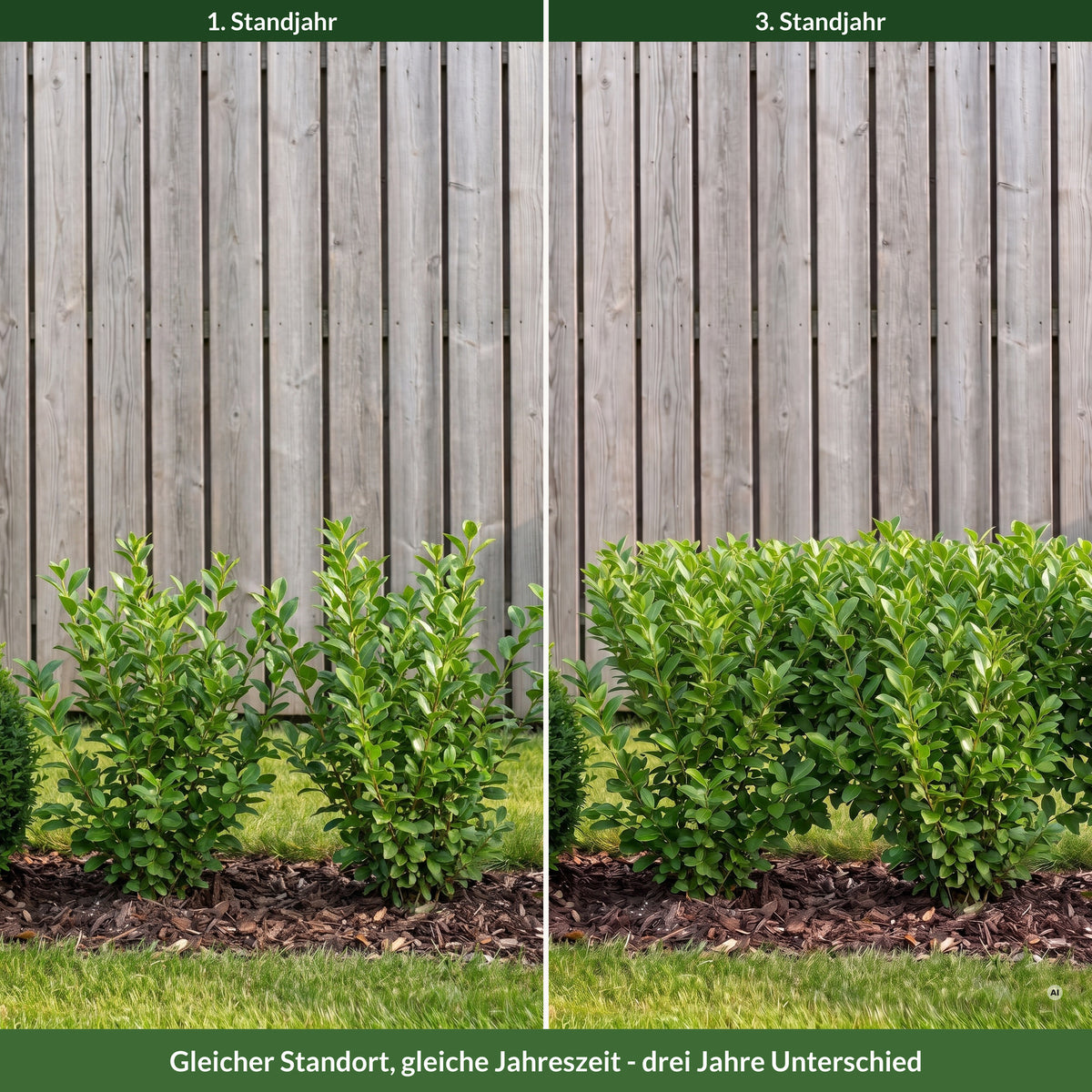 Ligusterhecke am Holzzaun im ersten und im dritten Standjahr – gleicher Standort, gleiche Jahreszeit