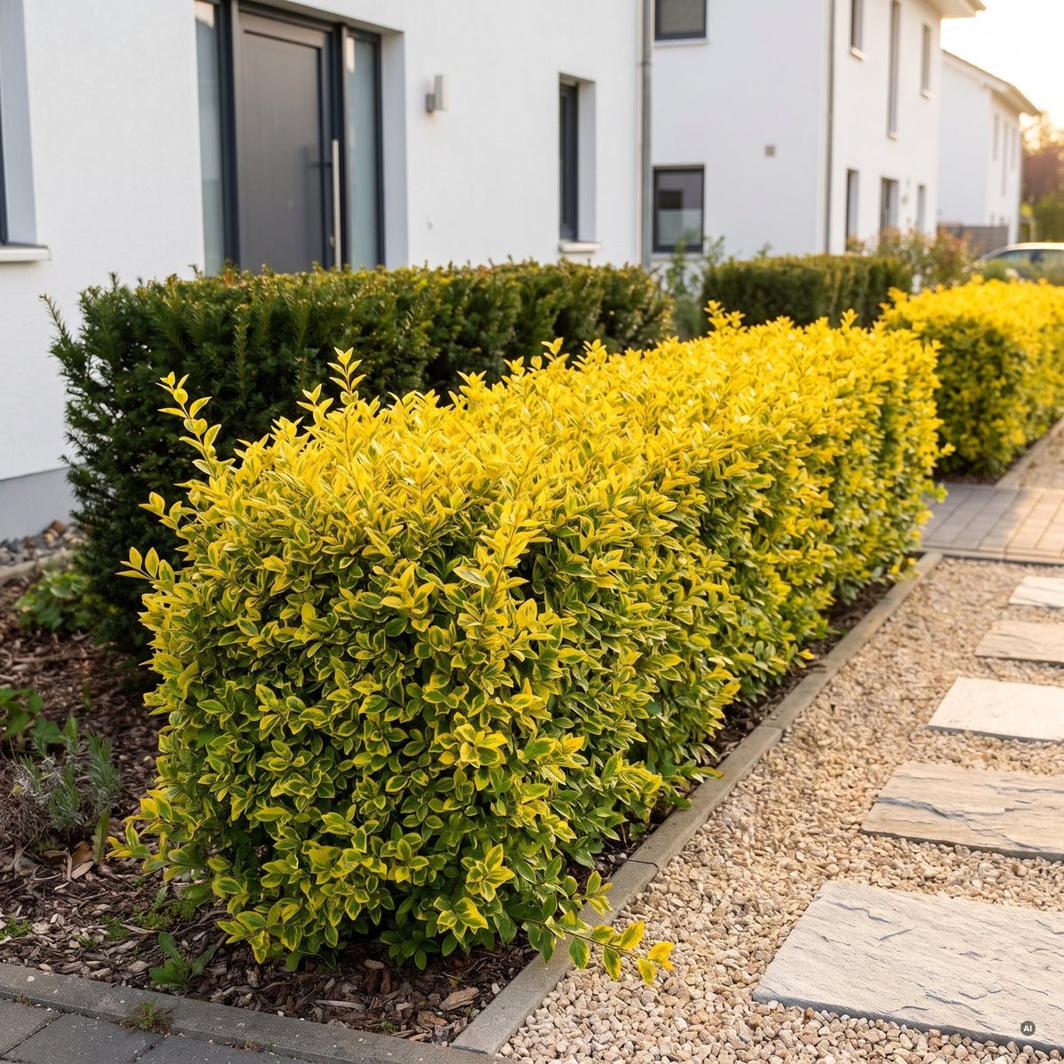 Goldliguster als geschnittene Hecke im Vorgarten vor einem weiß verputzten Haus, dahinter dunkle Eibe, daneben ein Kiesweg