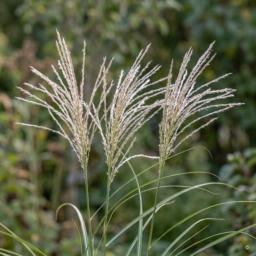 Silbrig-weiße Rispen von Miscanthus sinensis 'Gracillimus' im Detail