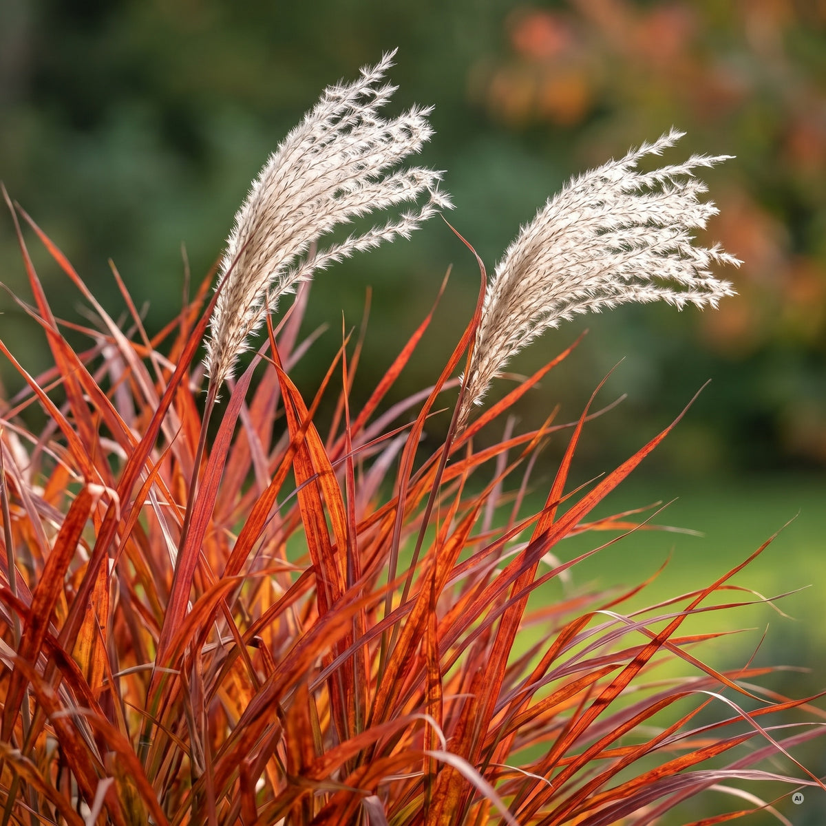 Rot-oranges Herbstlaub und silbrige Rispen von Miscanthus sinensis 'Purpurascens' im Detail