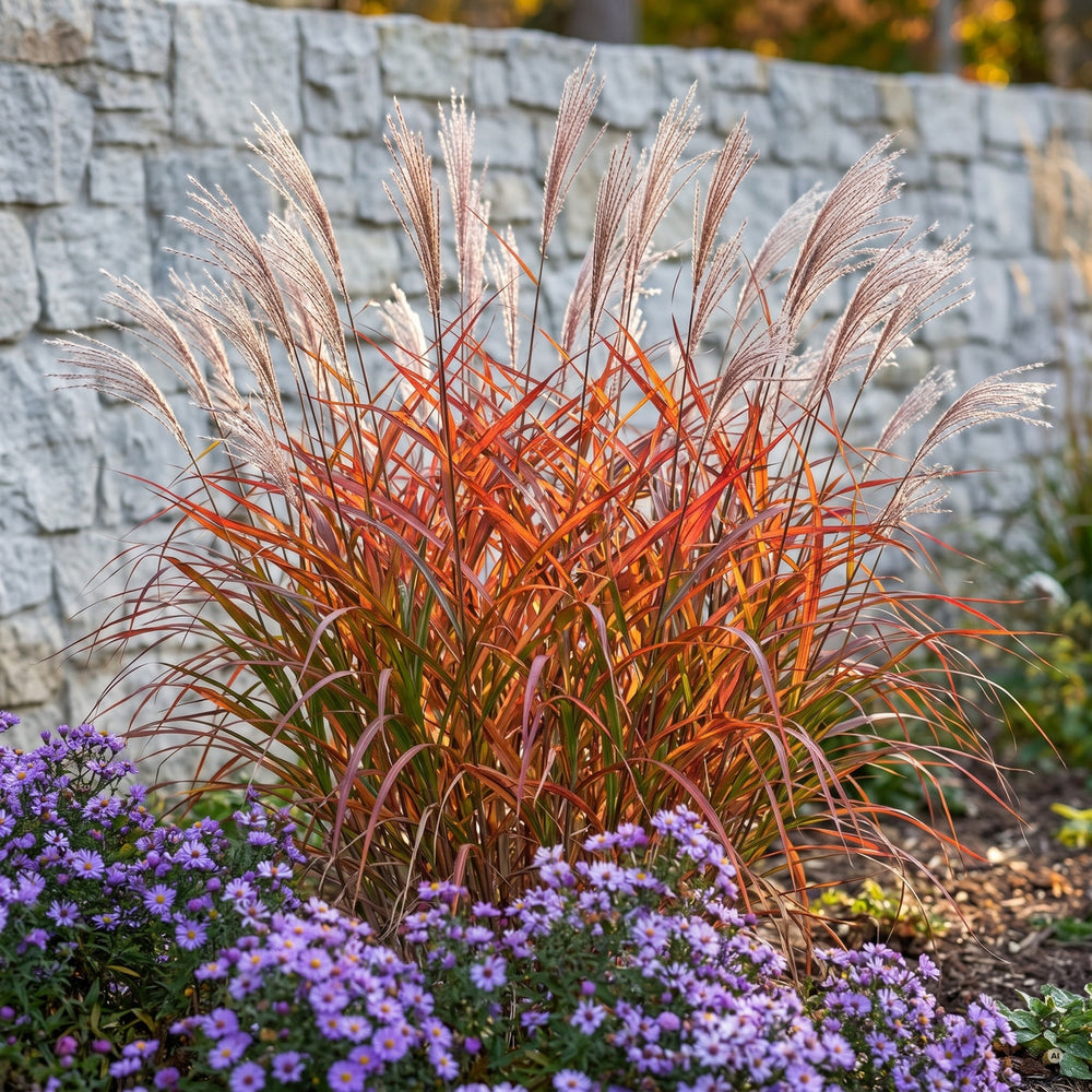 Flammen-Chinaschilf, etwa 140 cm hoch, im Herbst in Rot-Orange
