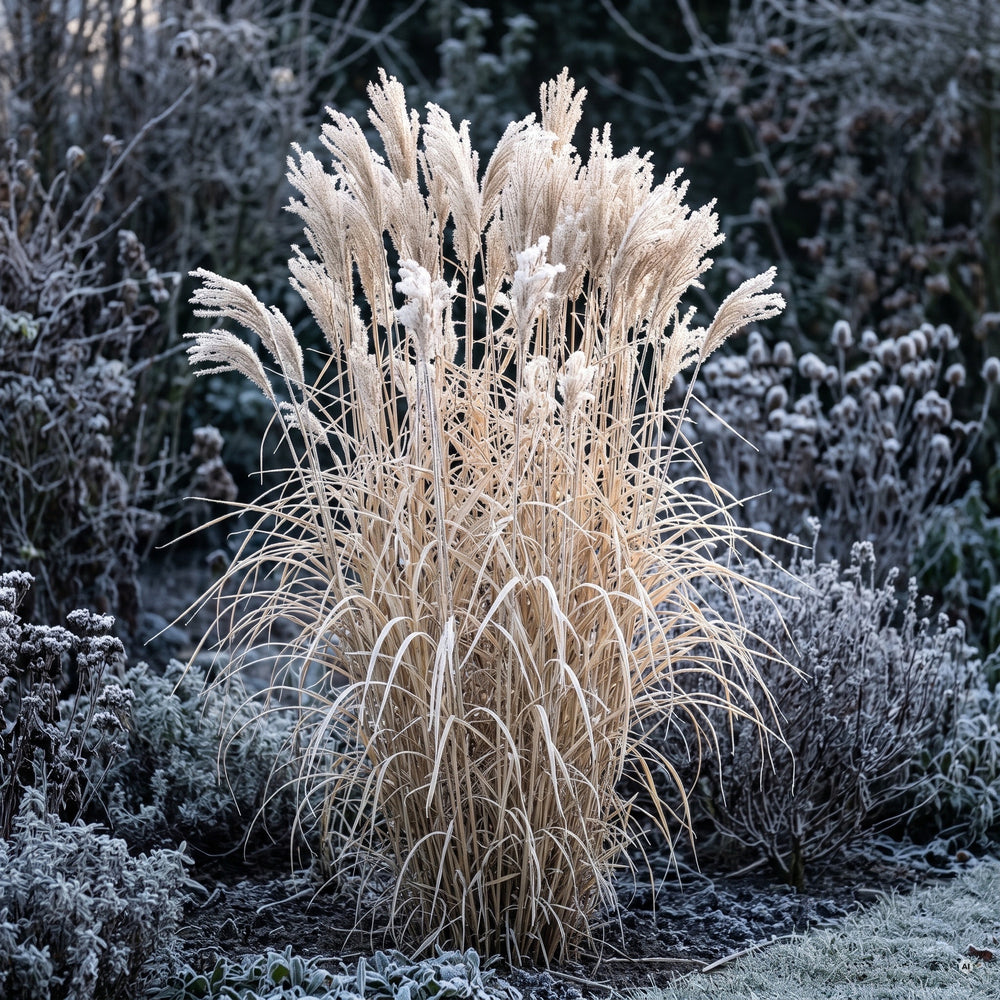 Chinaschilf 'Silberfeder' im Winter mit stehenden Halmen, beigen Rispen und Raureif