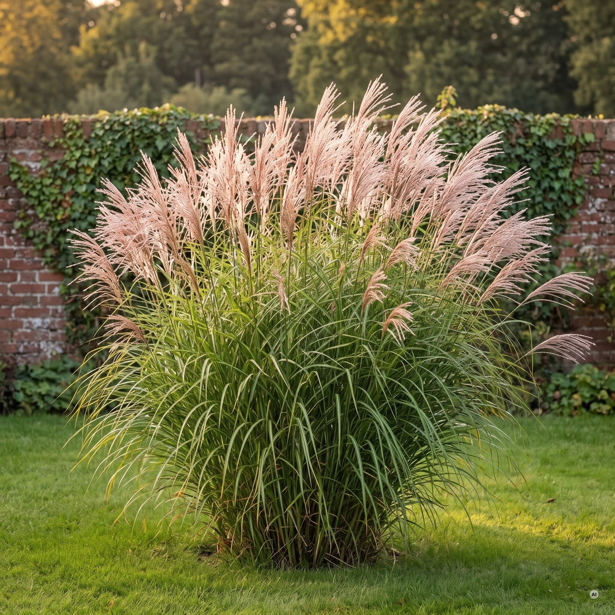 Chinaschilf (Miscanthus sinensis), dichter Horst mit silbrig-rosa Rispen als Solitär im Rasen vor einer Backsteinmauer