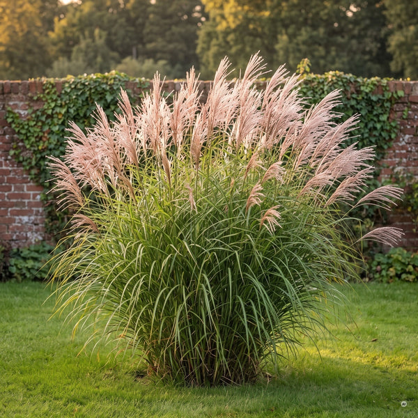 Miscanthus sinensis XXL mit silbrig-rosa Rispen vor einer Backsteinmauer