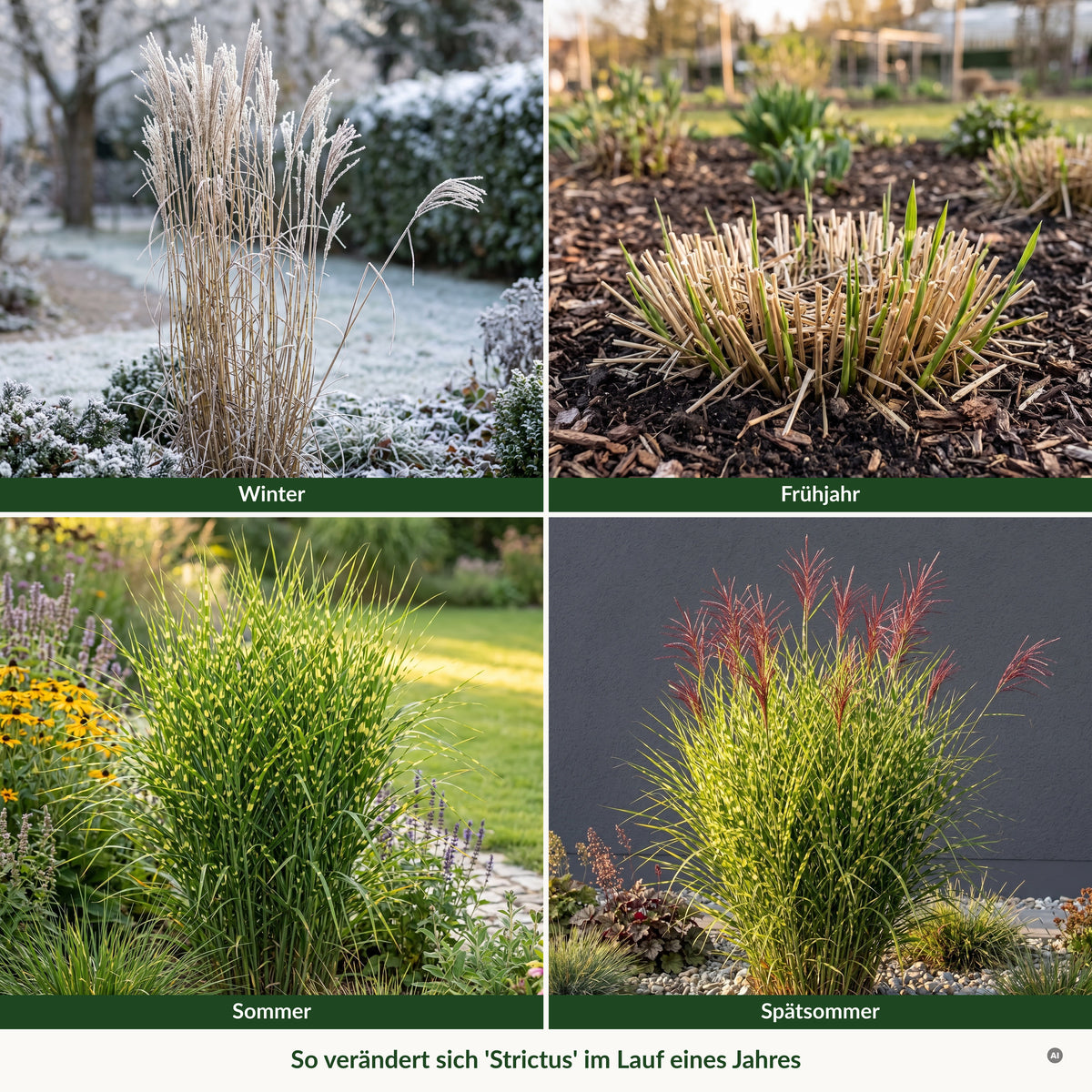 Jahreslauf von 'Strictus': Winter mit stehenden Halmen, Frühjahr nach dem Rückschnitt, Sommer, Spätsommer