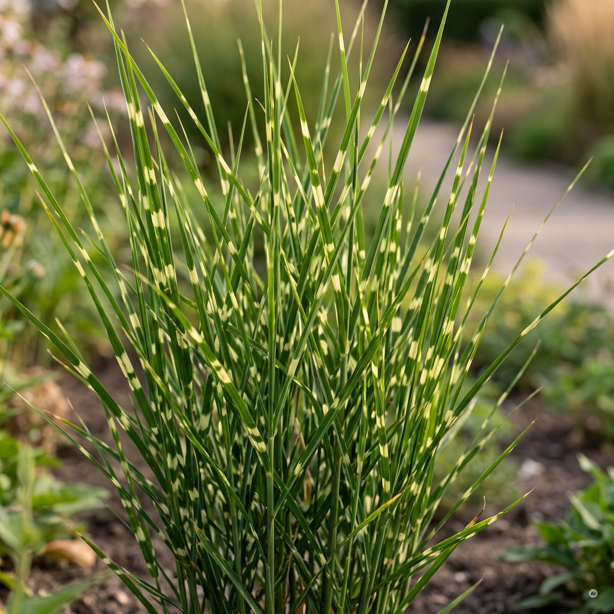 Gelbe Querstreifen auf den aufrechten Blättern von Miscanthus sinensis 'Strictus' im Detail