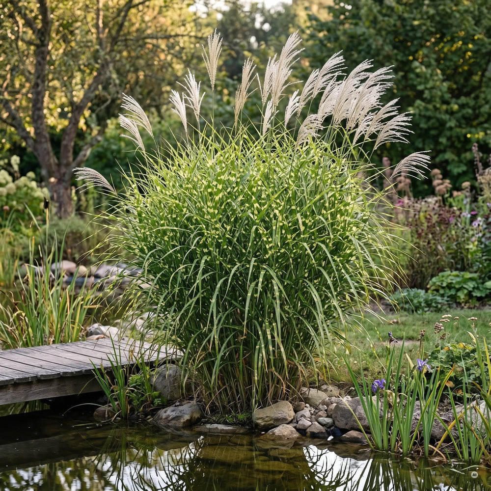 Zebragras, etwa 170 cm hoch, mit Rispen am Teich