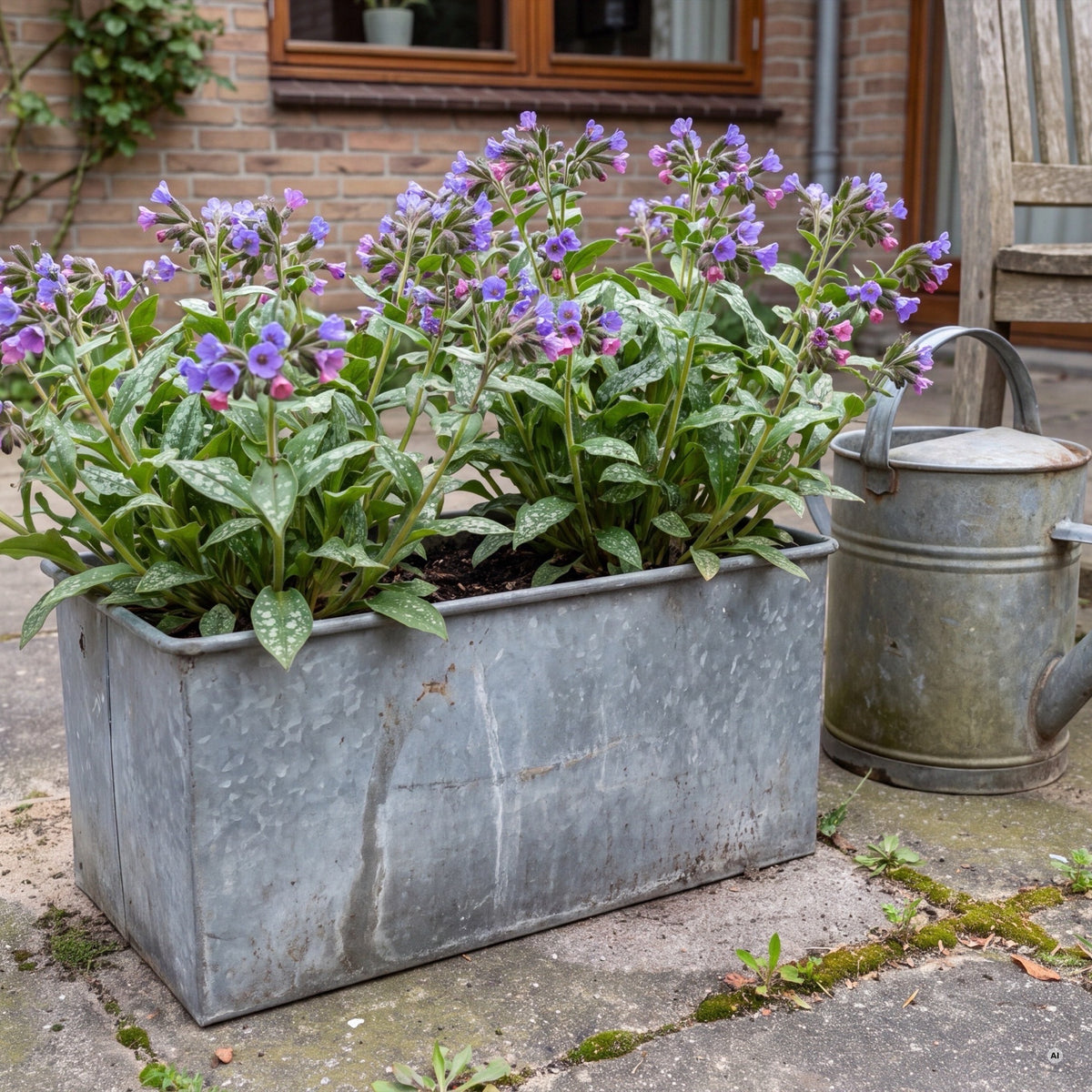 Lungenkraut 'Mona Blue' blühend im Zinkkübel auf einer schattigen Terrasse neben einer Gießkanne