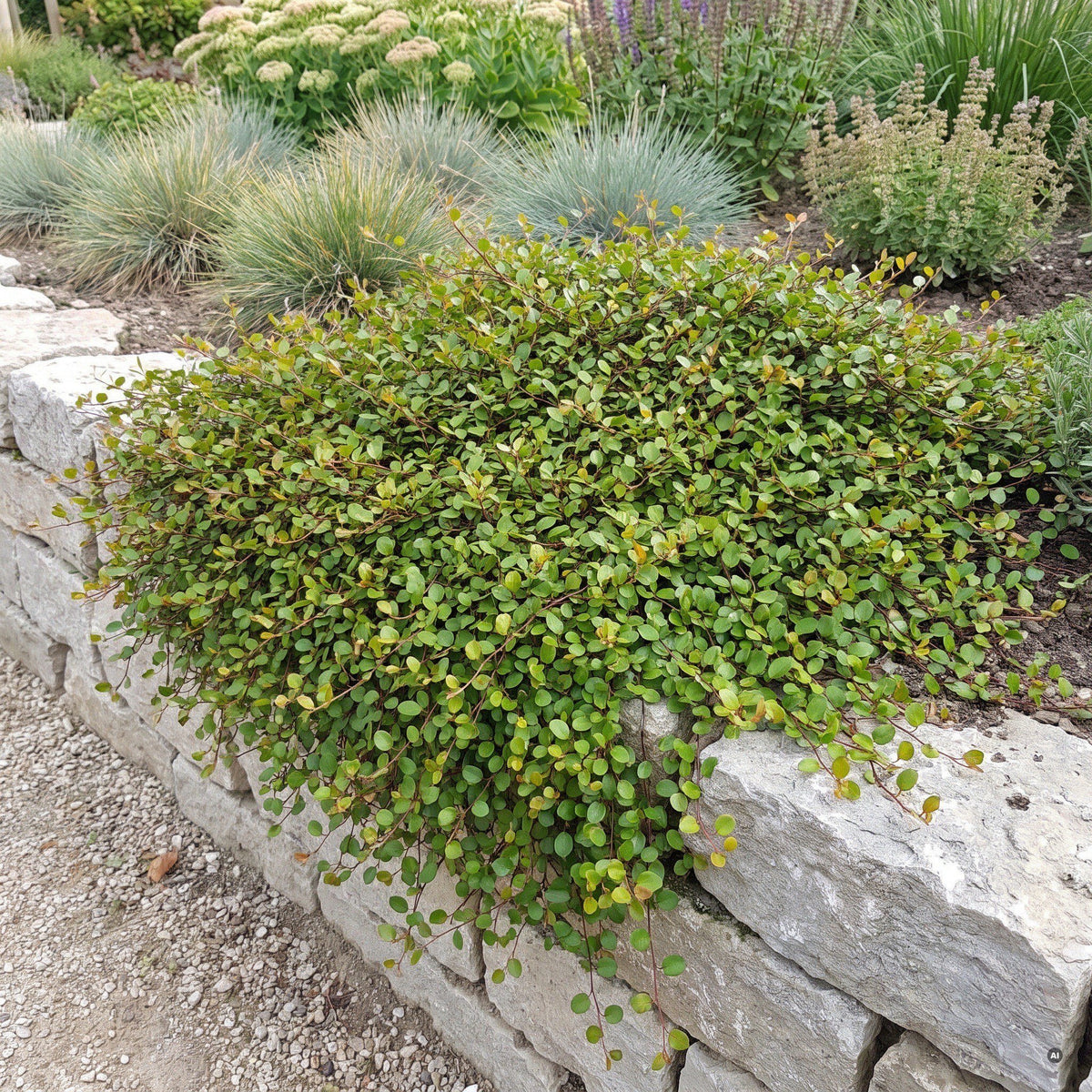 Muehlenbeckia axillaris 'Nana' – Zwerg-Drahtstrauch, flacher grüner Teppich auf einer Trockenmauer, über die Kante hängend