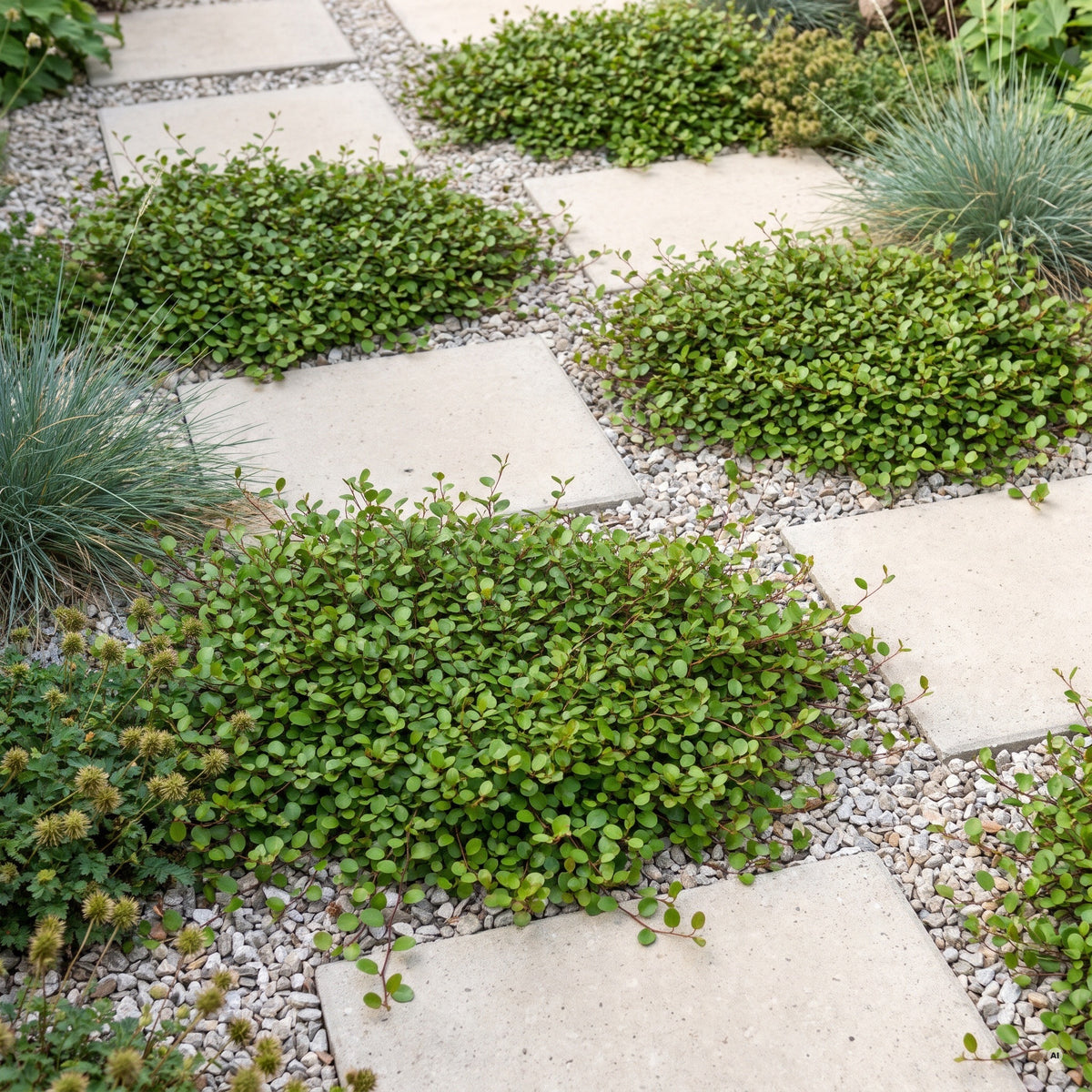 Muehlenbeckia axillaris 'Nana' – Zwerg-Drahtstrauch, flache Polster im Kiesbeet zwischen Trittplatten