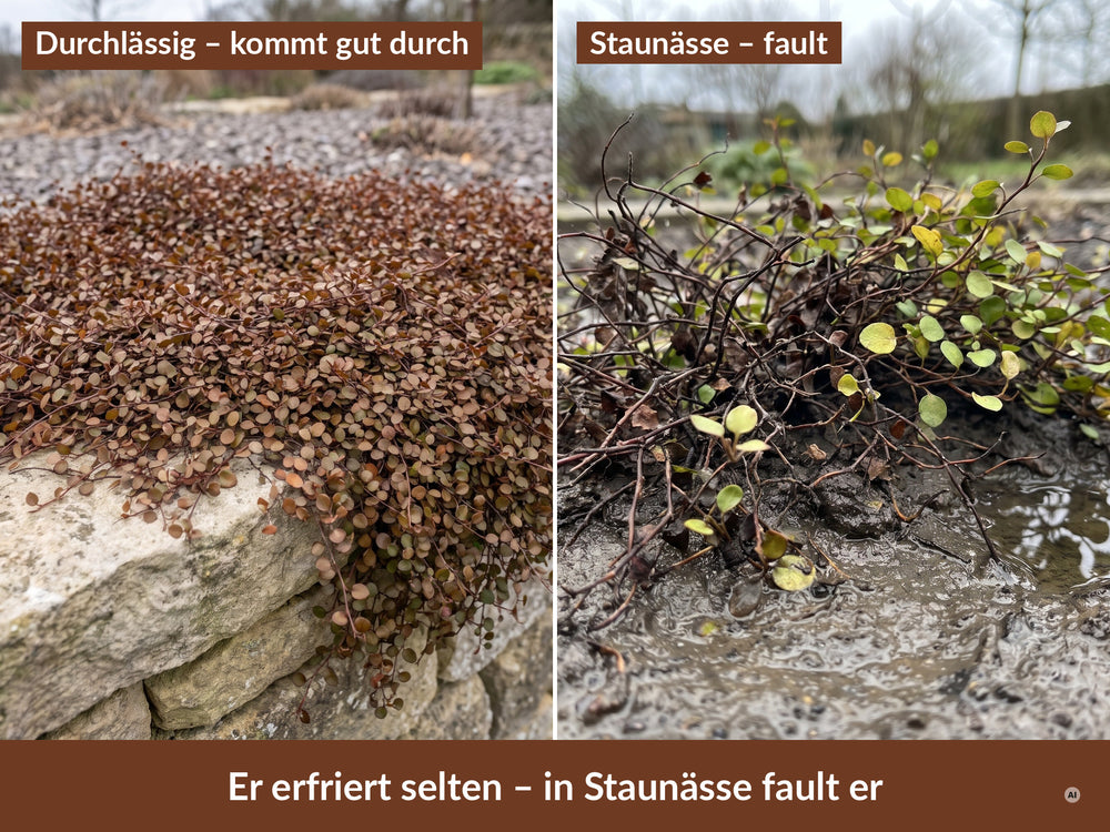 Links durchlässige Mauerkrone, rechts Staunässe im Lehmbeet