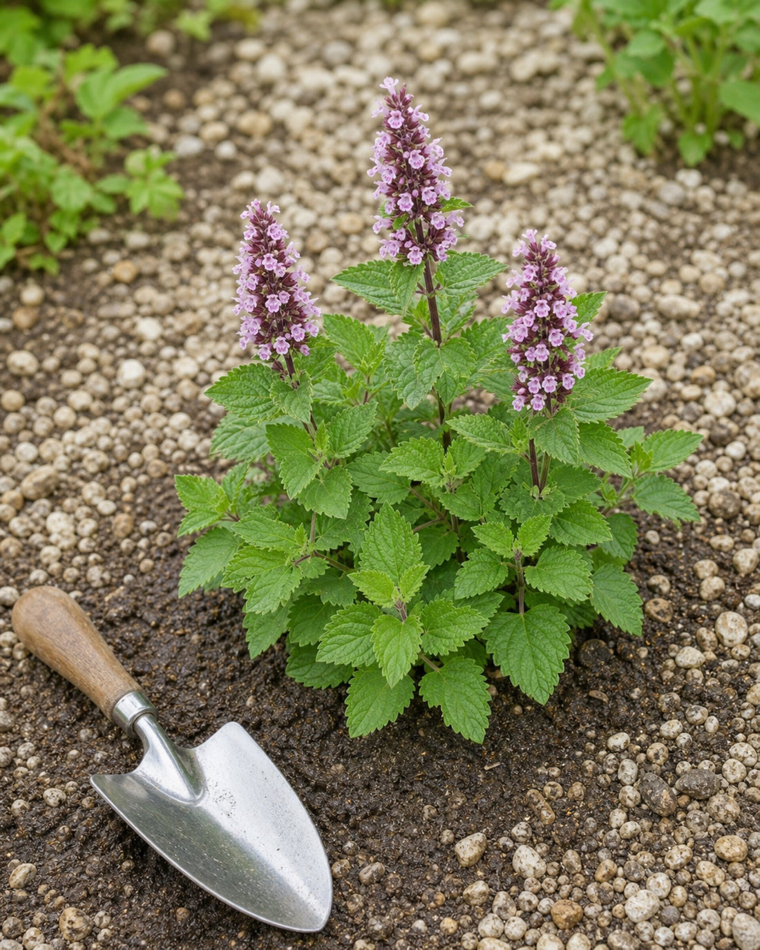 Frisch gepflanzte Nepeta sibirica ‚Serene Wild Orchid' Sibirische Katzenminze mit Pflanzkelle als Größenvergleich, von Stauden Gänge.