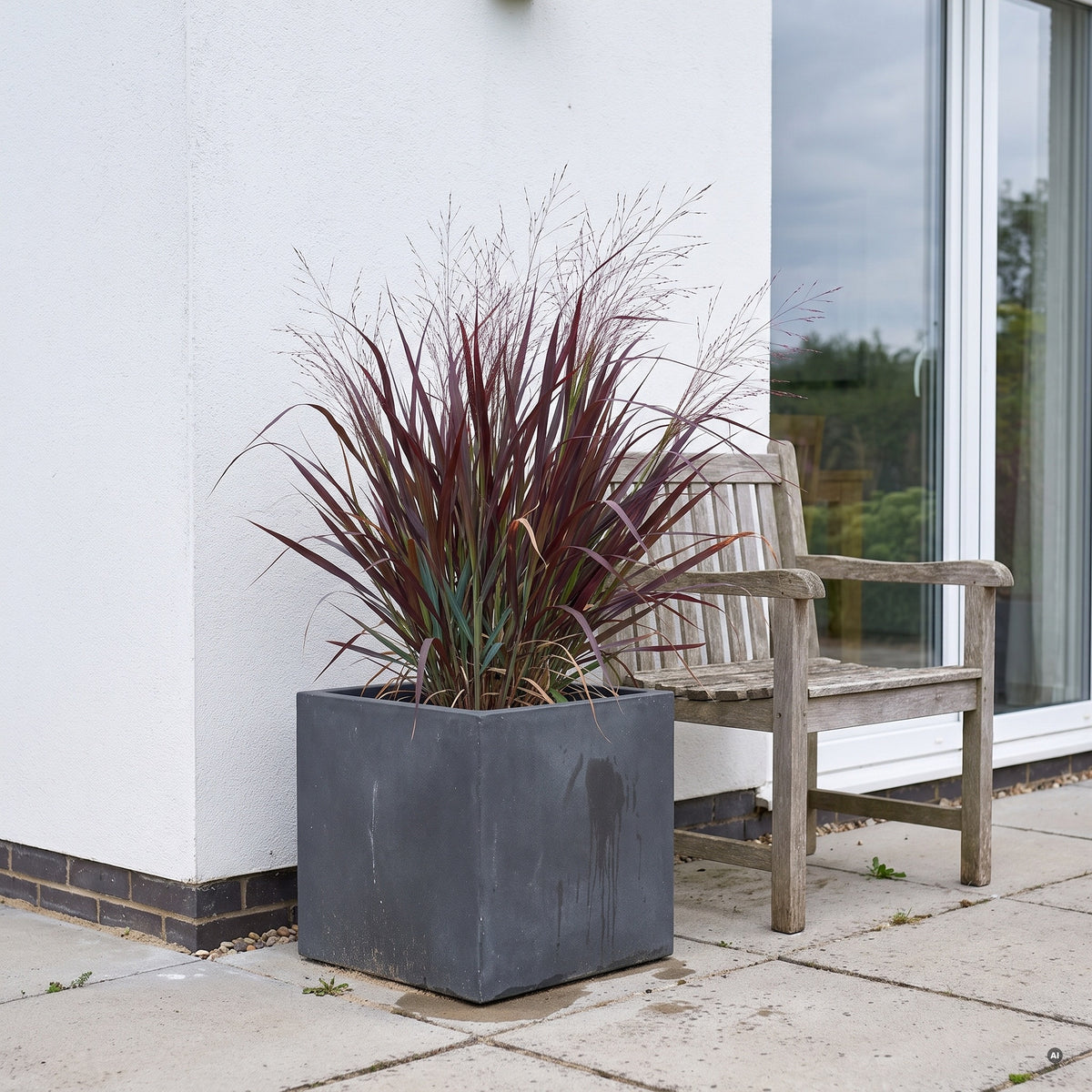 'Oxblood Autumn' in einem großen anthrazitfarbenen Kübel auf der Terrasse neben einem Holzstuhl