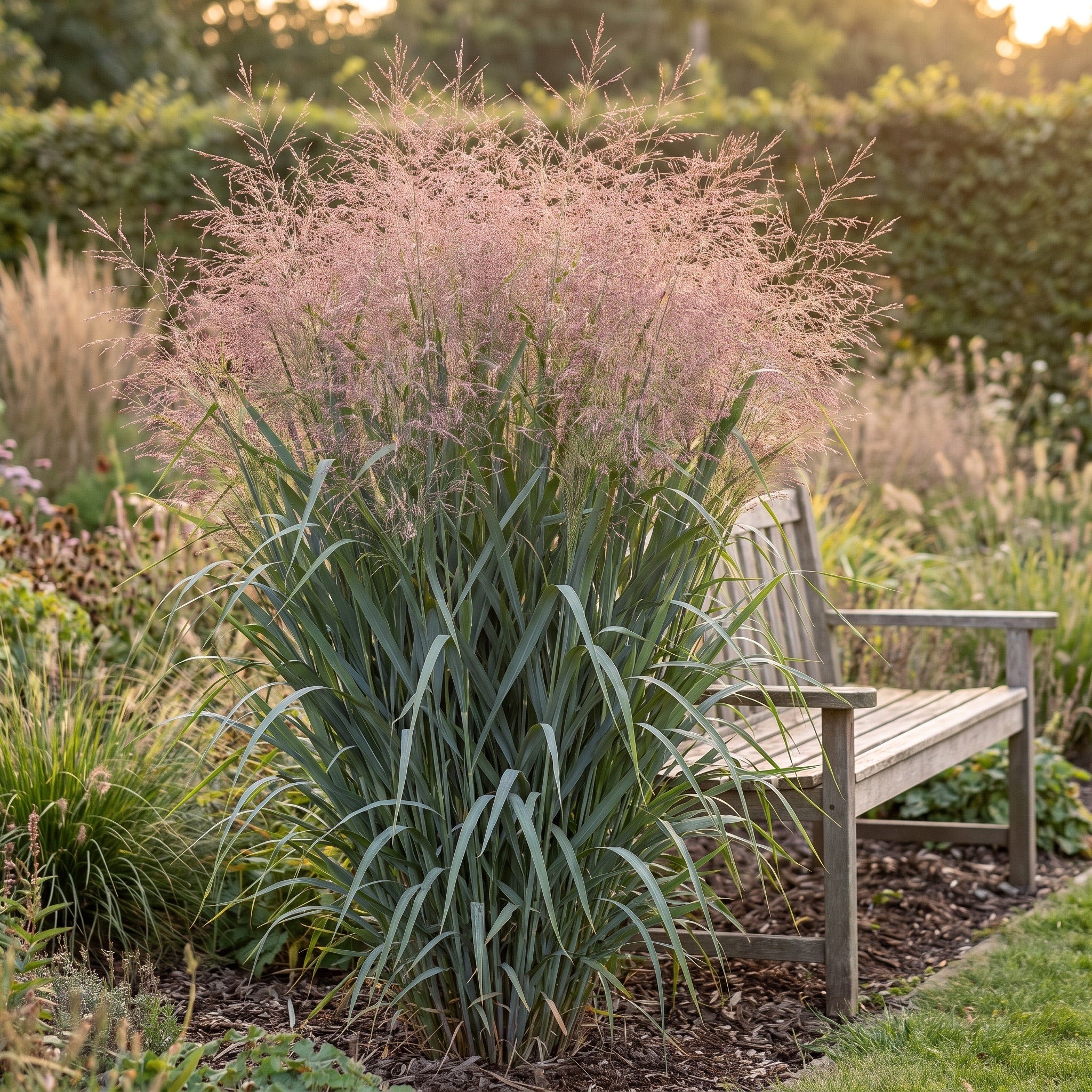 Panicum virgatum 'Dallas Blues' als Solitär im Staudenbeet, blaugraues Laub und rosaviolette Rispen neben einer Gartenbank