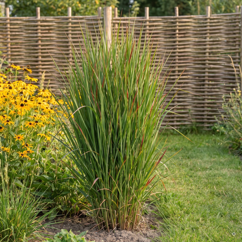 Grünes Laub mit rotbraunen Spitzen der Rutenhirse 'Rehbraun' im Hochsommer