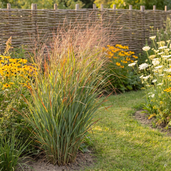 Panicum virgatum 'Rehbraun' XXL mit rotbraunen Spitzen im Präriegarten mit Sonnenhut