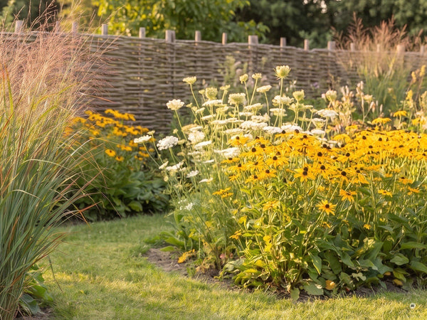Rutenhirse 'Rehbraun' im Präriegarten vor einem geflochtenen Weidenzaun