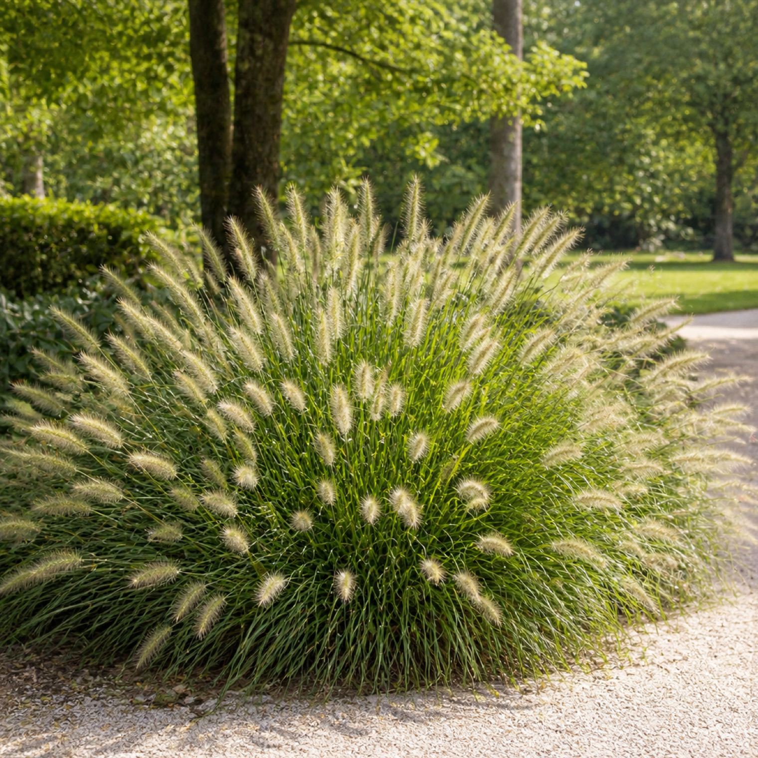 Pennisetum alopecuroides Lampenputzergras mit cremeweißen Blütenähren als ausgewachsene Gartenpflanze