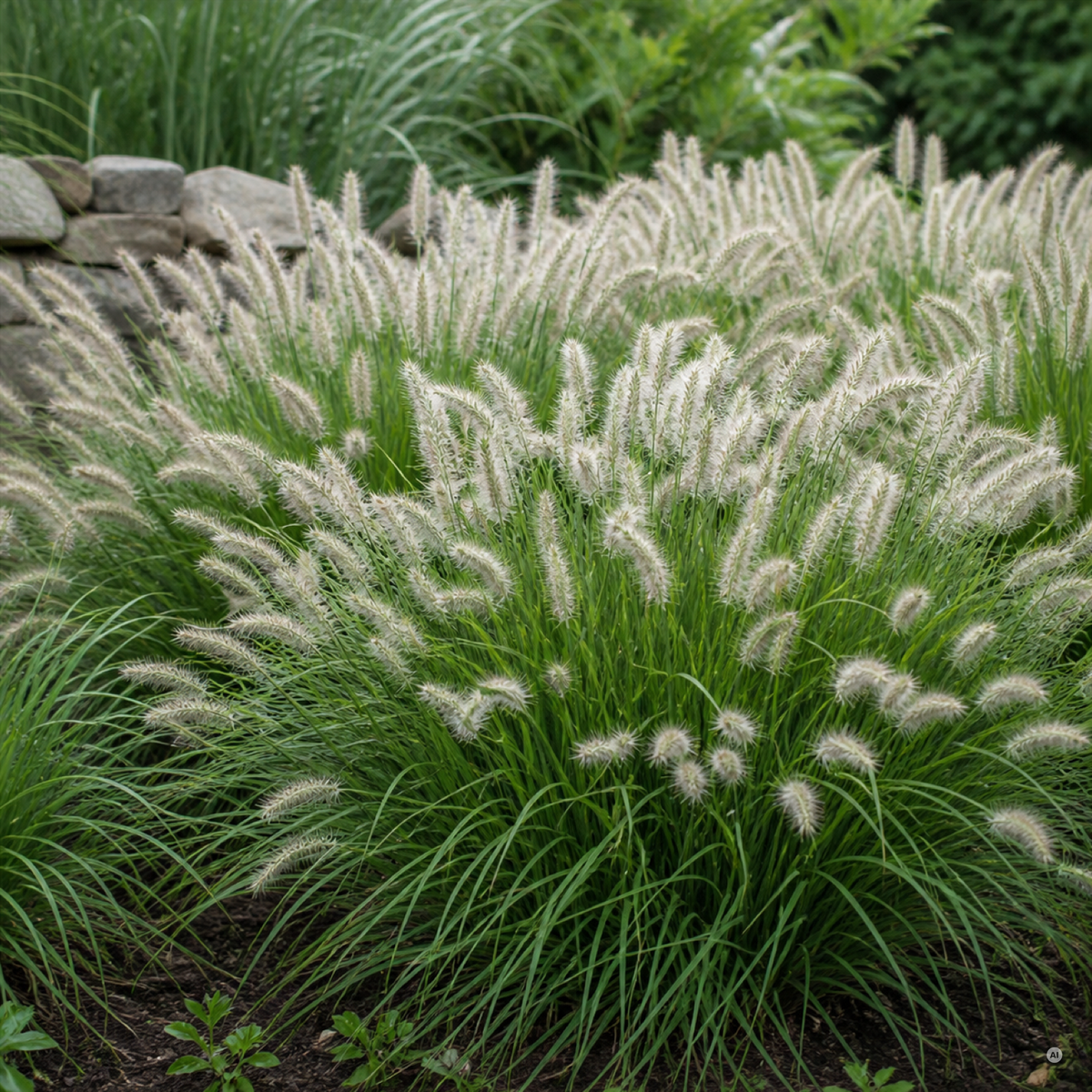 Pennisetum alopecuroides Lampenputzergras in einer harmonischen Beetgruppe