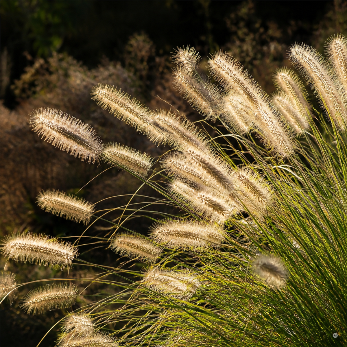 Cremeweiße Blütenähren des Pennisetum alopecuroides im warmen Gegenlicht