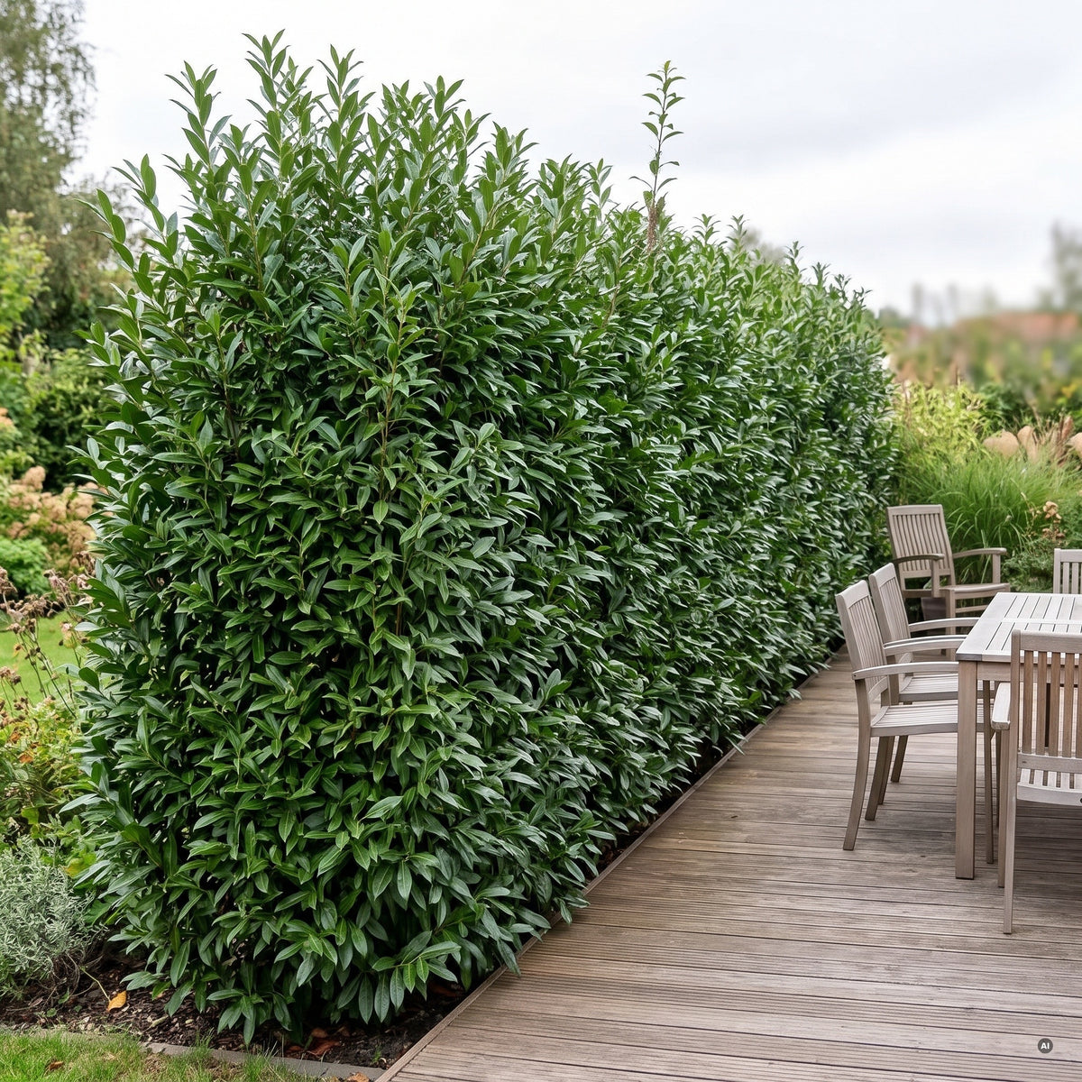 Etwa 1,8 m hohe, dichte und schlanke Hecke aus Kirschlorbeer 'Caucasica' an einer Holzterrasse mit Tisch und Stühlen