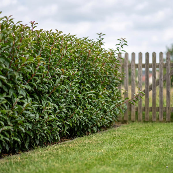 Dichte Hecke aus Portugiesischem Kirschlorbeer an einer Rasenkante vor einem Holzlattenzaun