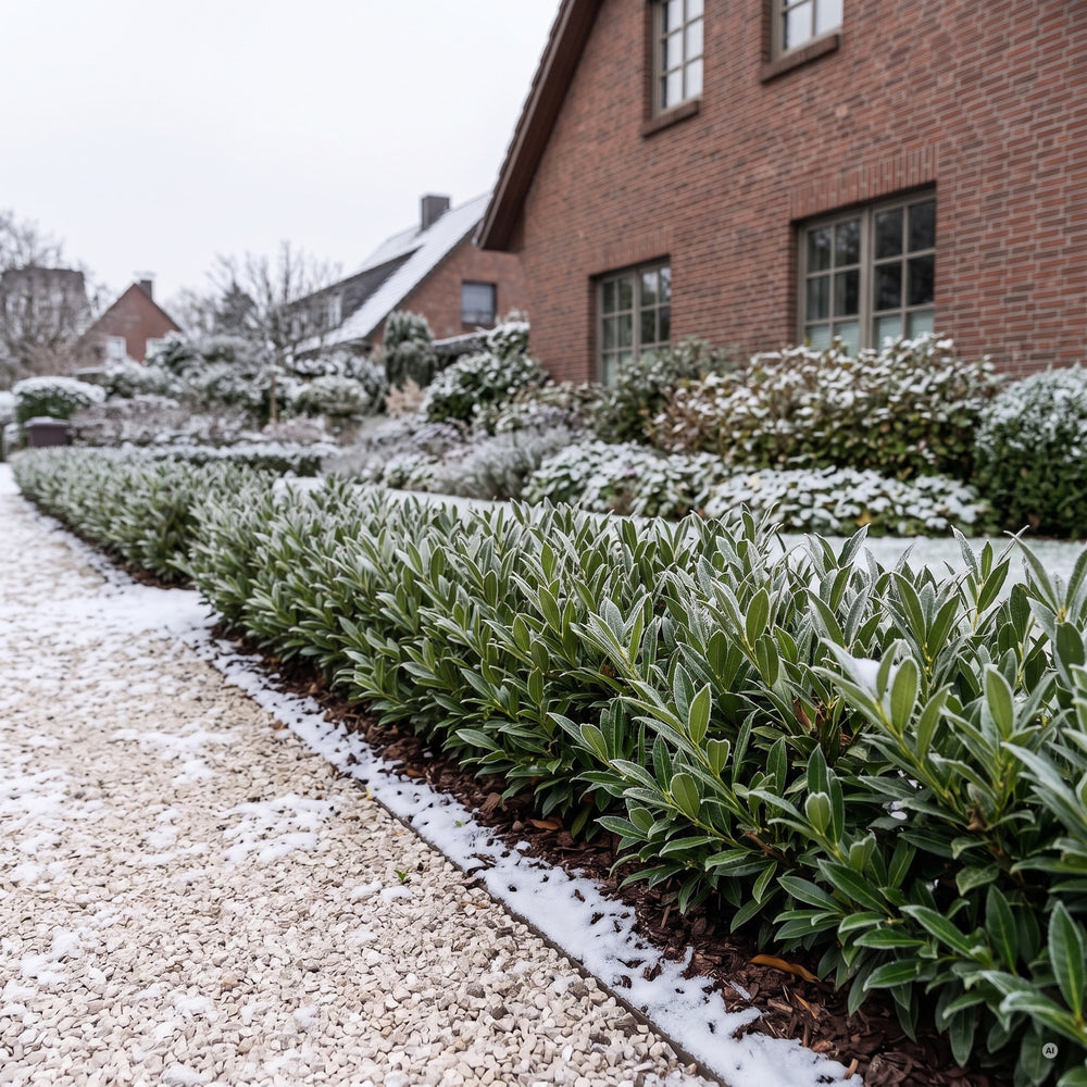 Niedrige Hecke aus Kirschlorbeer 'Otto Luyken' am Kiesweg im Winter mit Raureif